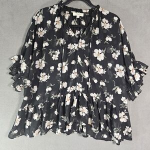 Umgee Womens XL Peasant Shirt Black Floral Sheer Vneck Cottagecore Ruffles Boho